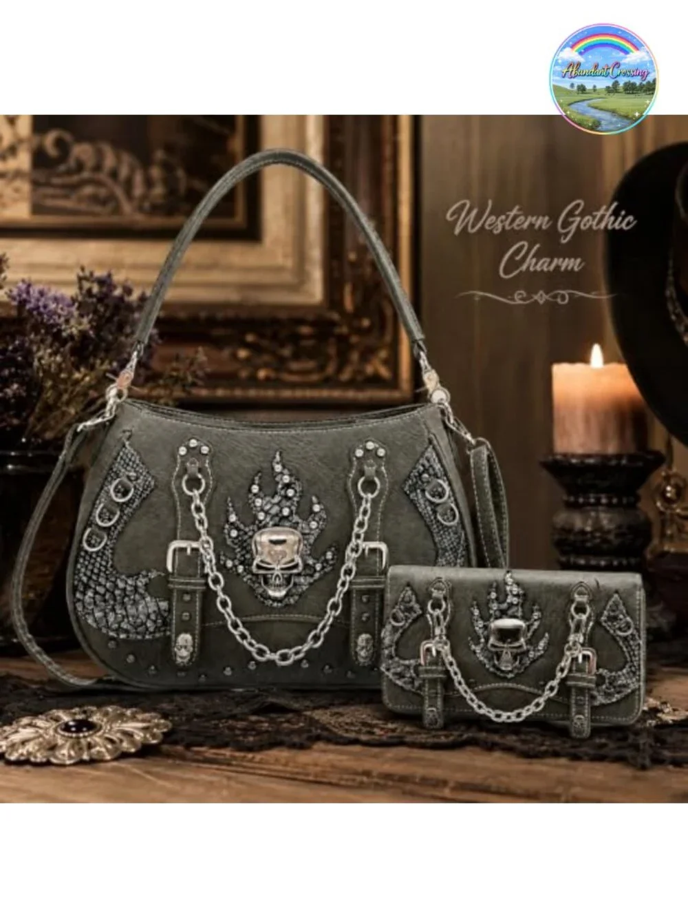 Gothic Skull Purse and Wallet Set 2-Piece Faux Leather Satchel